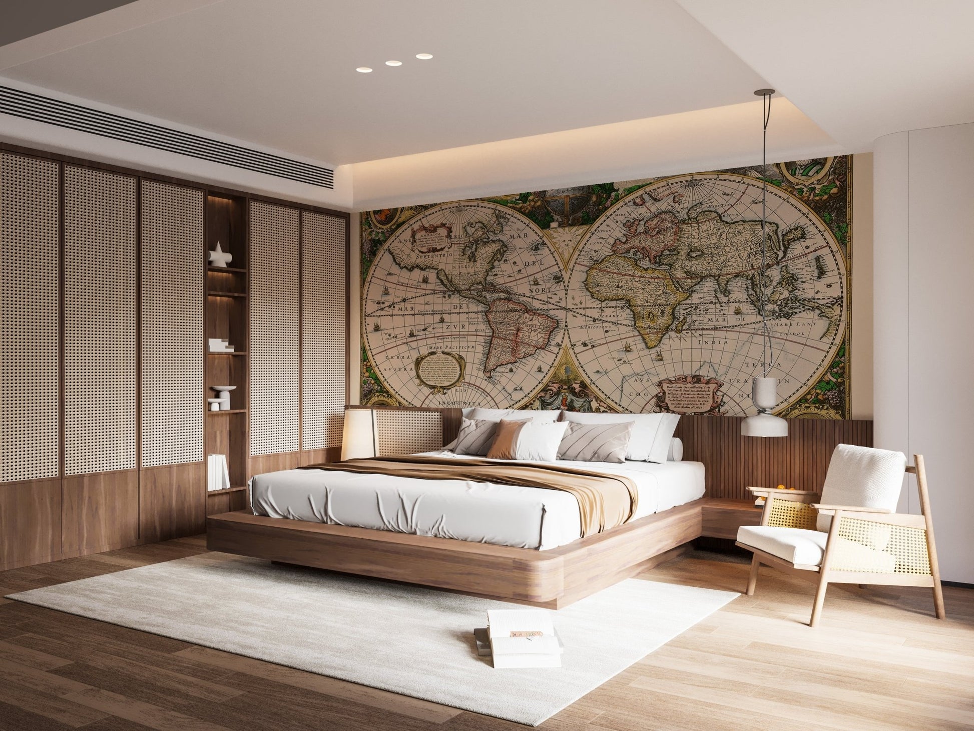 Brown world map wall mural in a minimalist bedroom with a low bed.