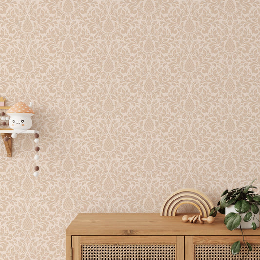 Pastel pink floral wall mural behind a wooden desk and floating shelf.