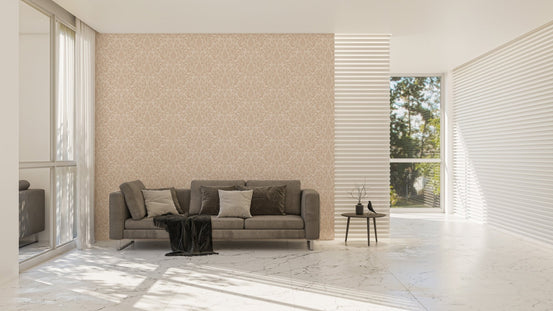Wide living room view with pink ornamental flowers mural on the main wall.