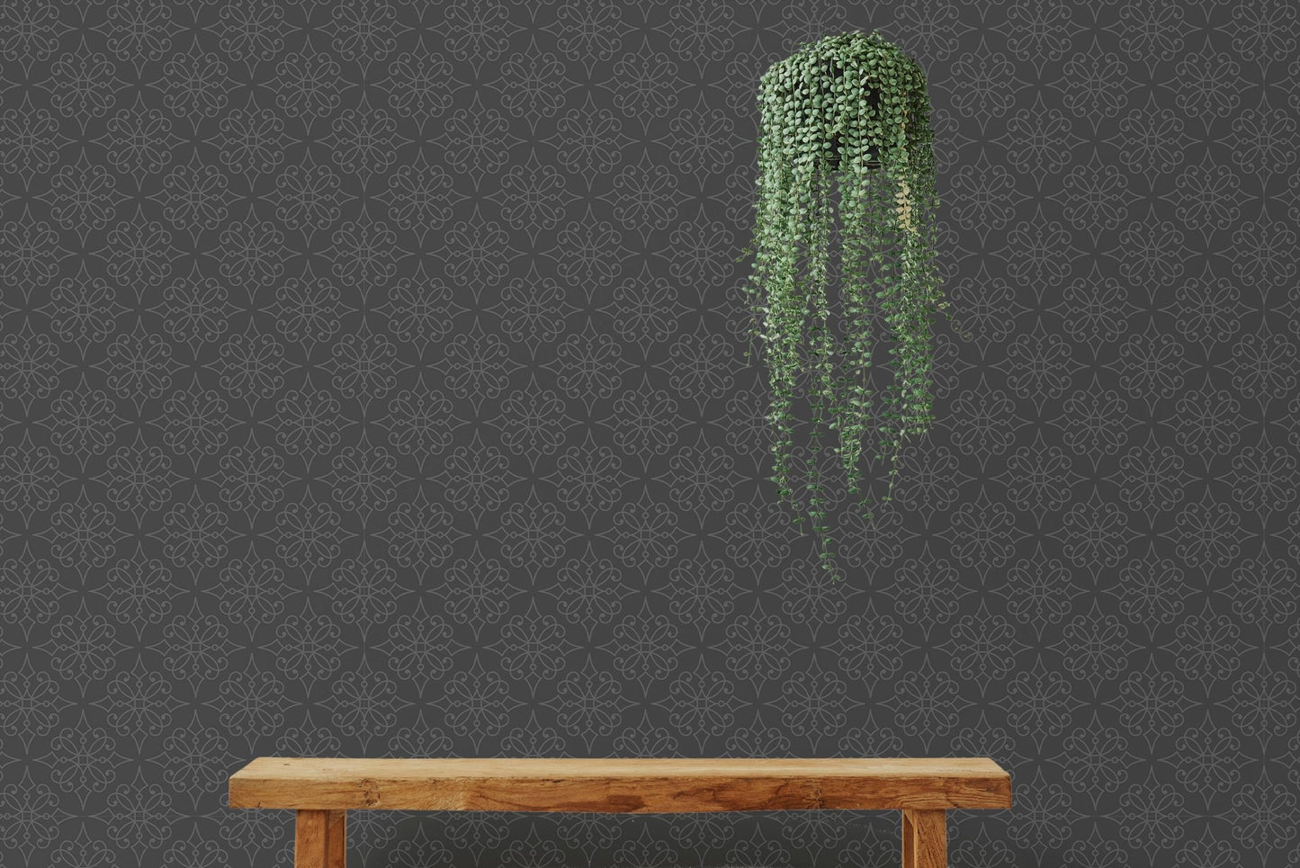 Dark patterned wallpaper backdrop for a wooden bench and hanging green plants