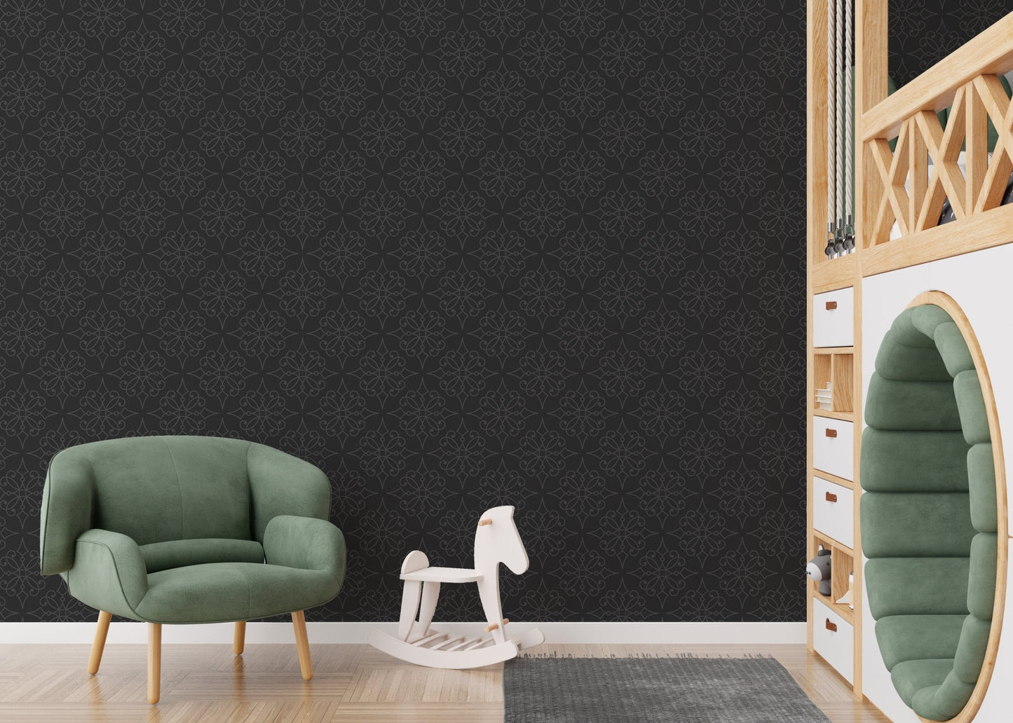 Black vintage pattern wallpaper in a playroom with a green velvet chair and toys