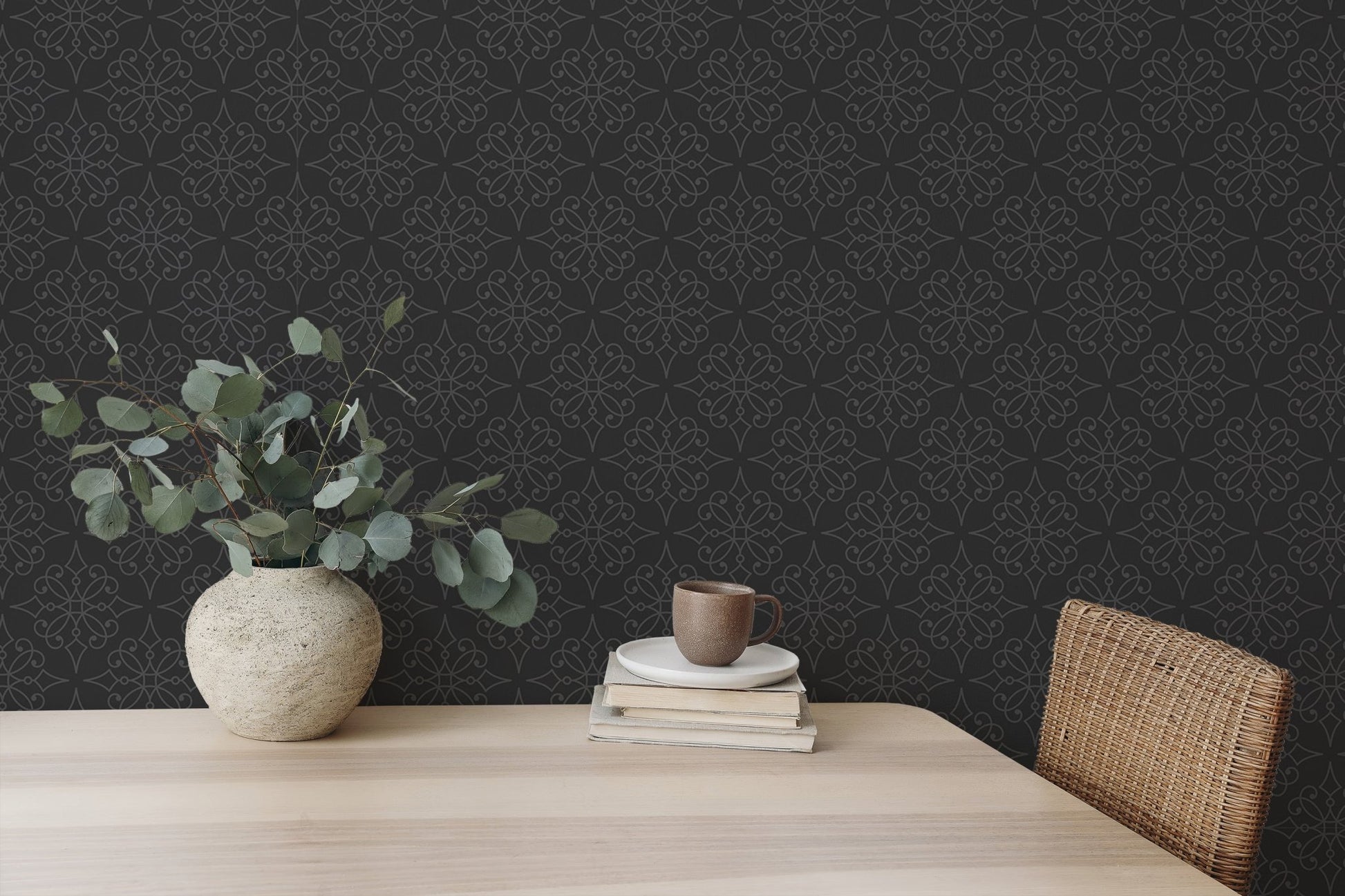 Vintage Ornaments Seamless Pattern Black Damask Wallpaper on dining room feature wall
