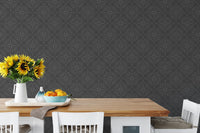 Dusky black damask wallpaper in a kitchen dining area with yellow sunflowers