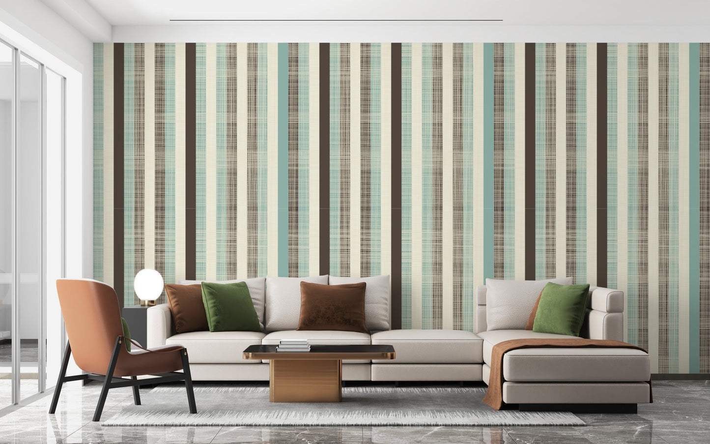Modern living featuring striped wall mural and an L-shaped sofa with green pillows.