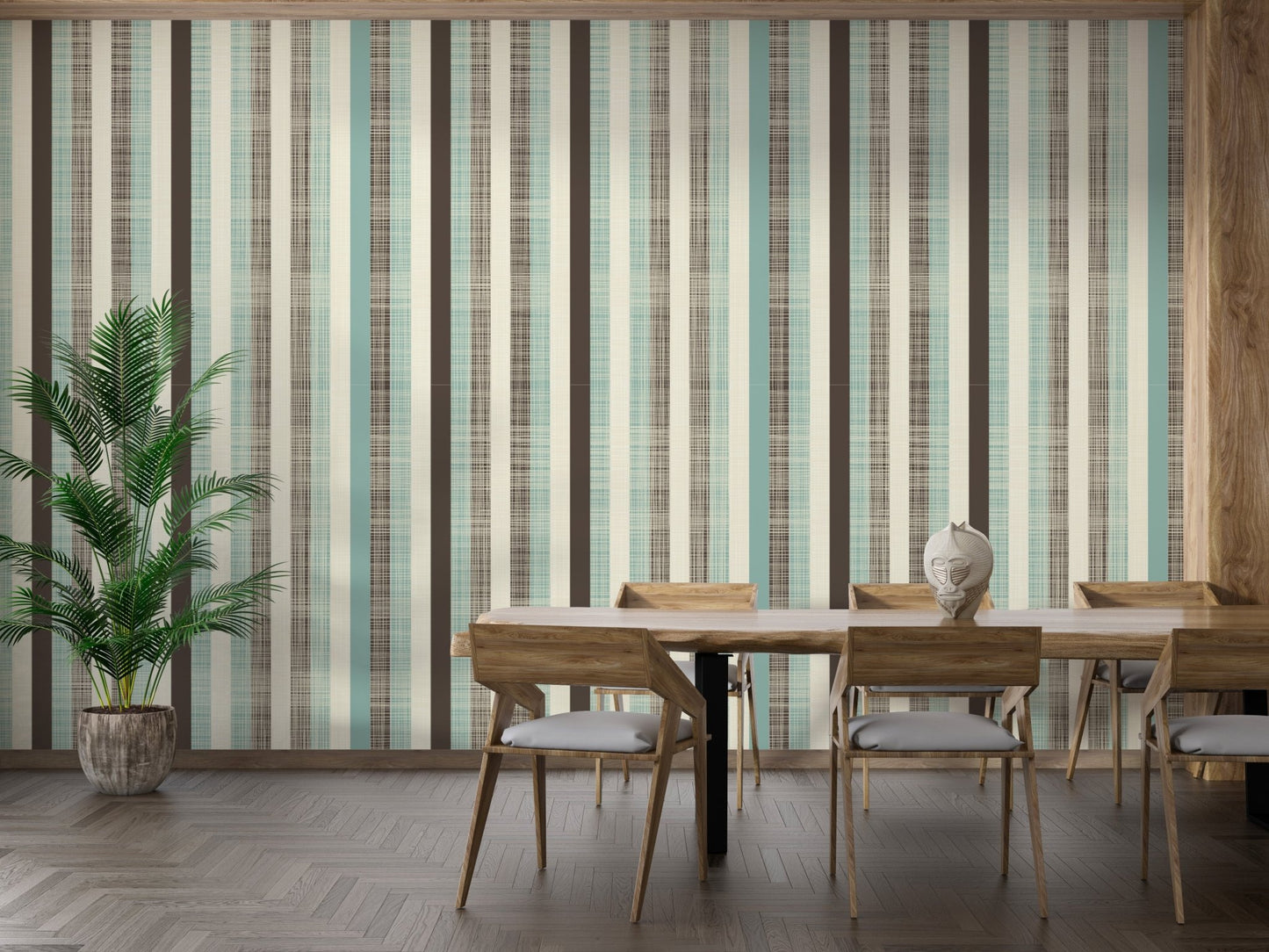 Vertical stripe pattern wall mural in a dining room with wooden chairs and a black table.