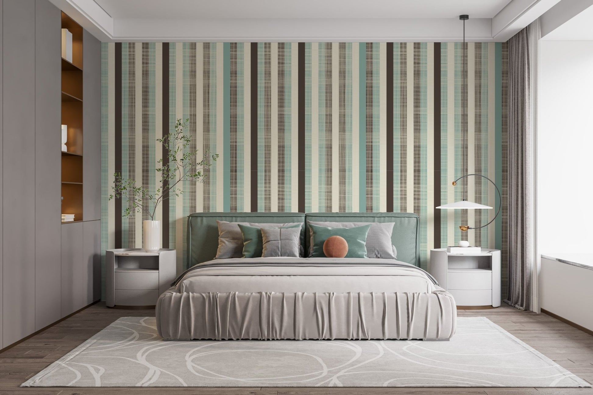 Vertical striped wall mural in muted teal and grey tones for a master bedroom.