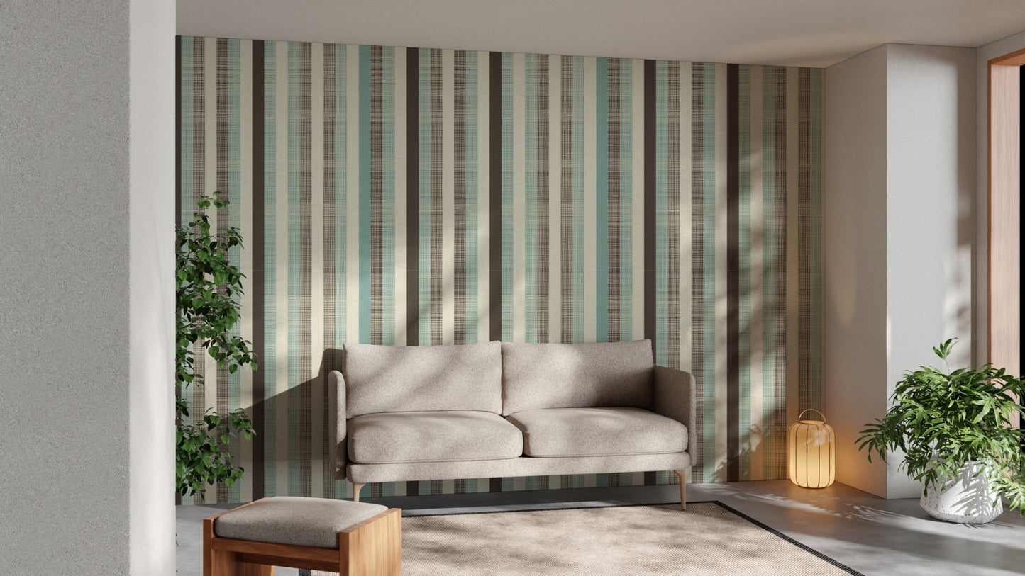 Vintage Pastel Stripes wall mural behind a beige sofa in a sunlit living room.