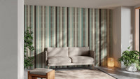 Vintage Pastel Stripes wall mural behind a beige sofa in a sunlit living room.