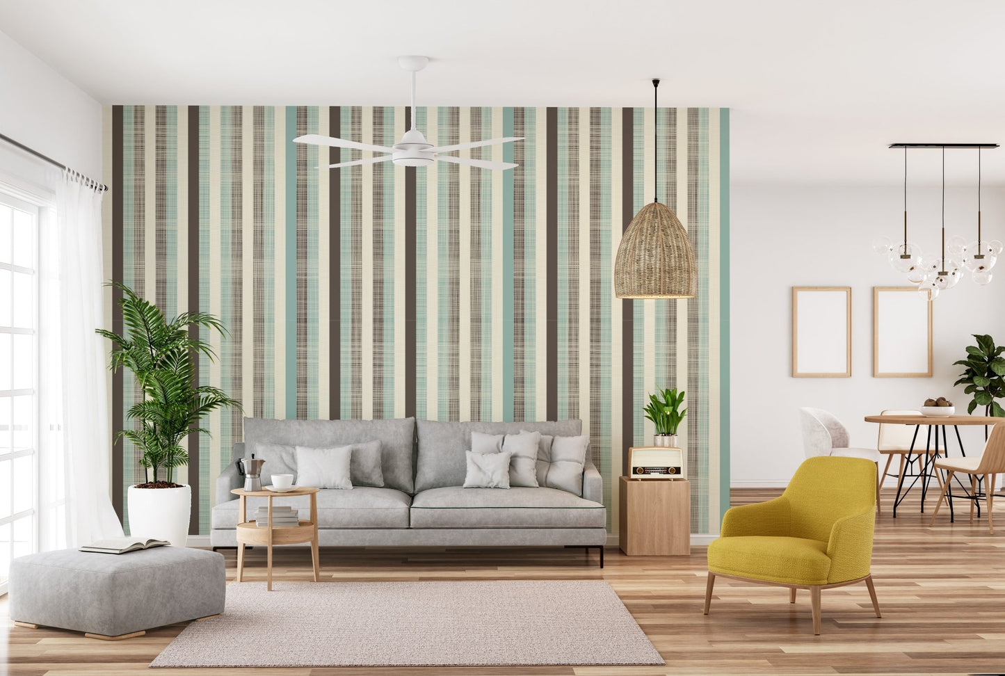 Open plan living space with Vintage Pastel Stripes wall mural and a yellow armchair.