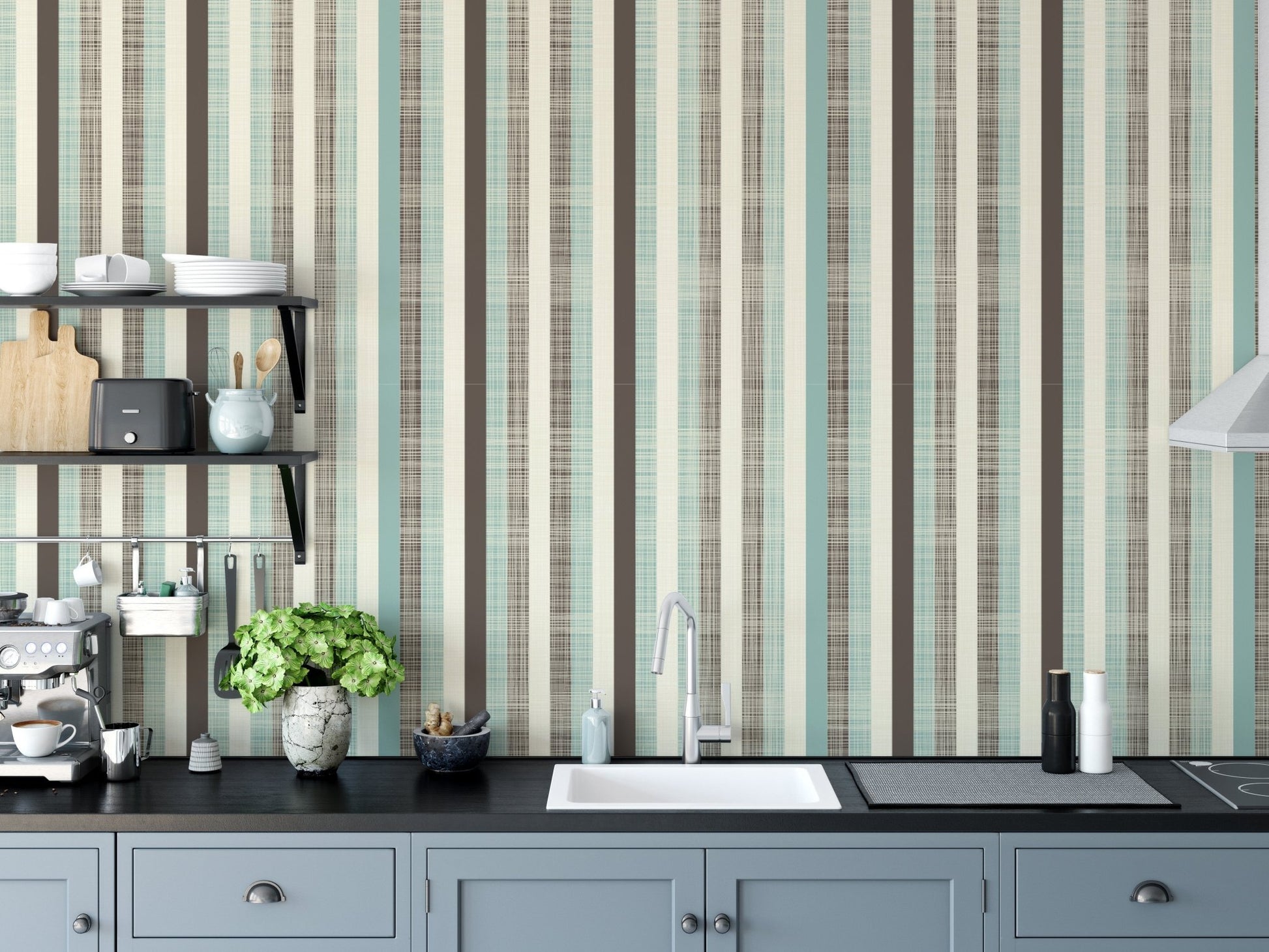 Kitchen backsplash area featuring water-resistant striped wall mural in pastel hues.
