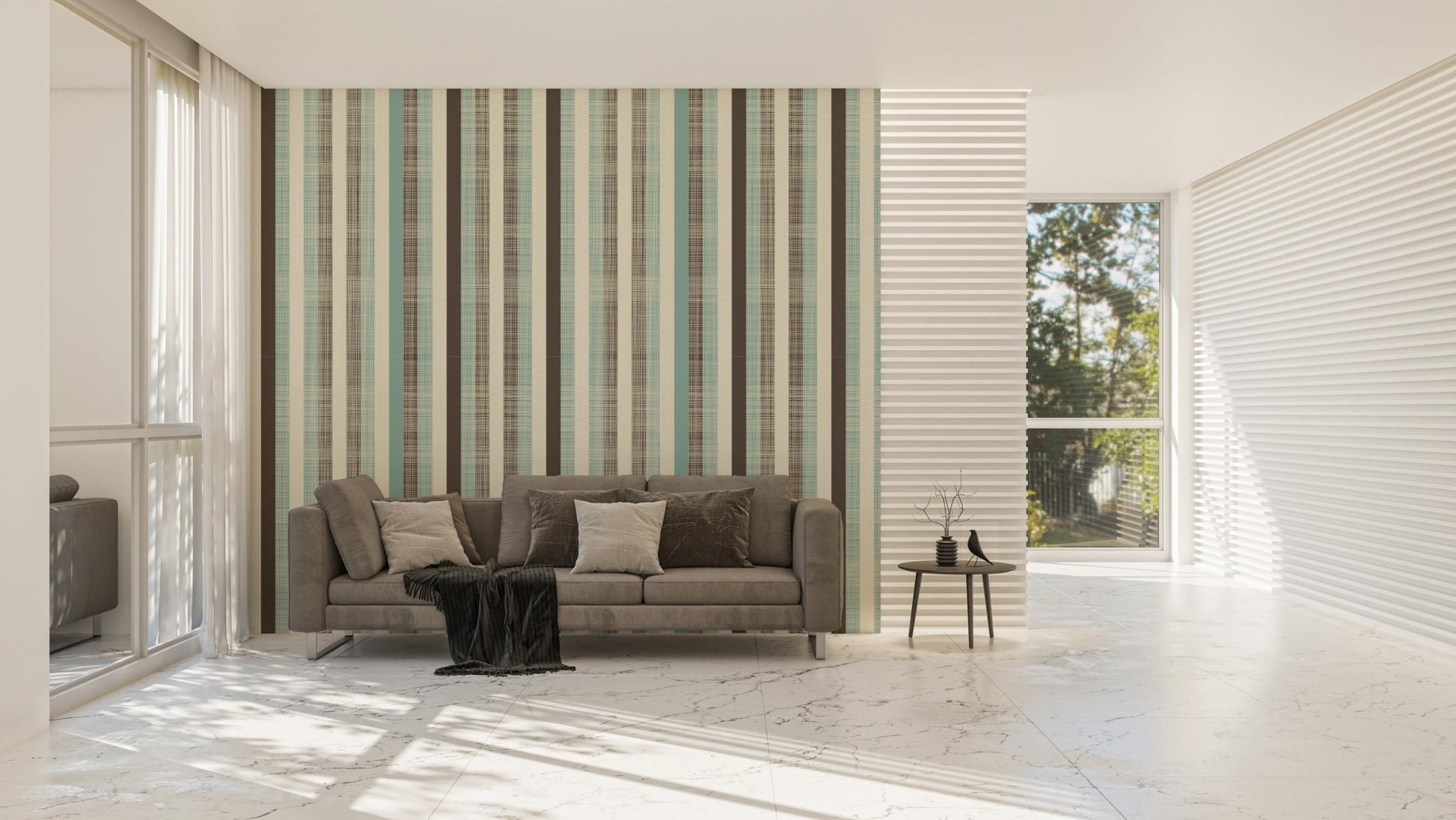 Minimalist living area featuring Vintage Pastel Stripes Art Wall Murals on a wide wall.