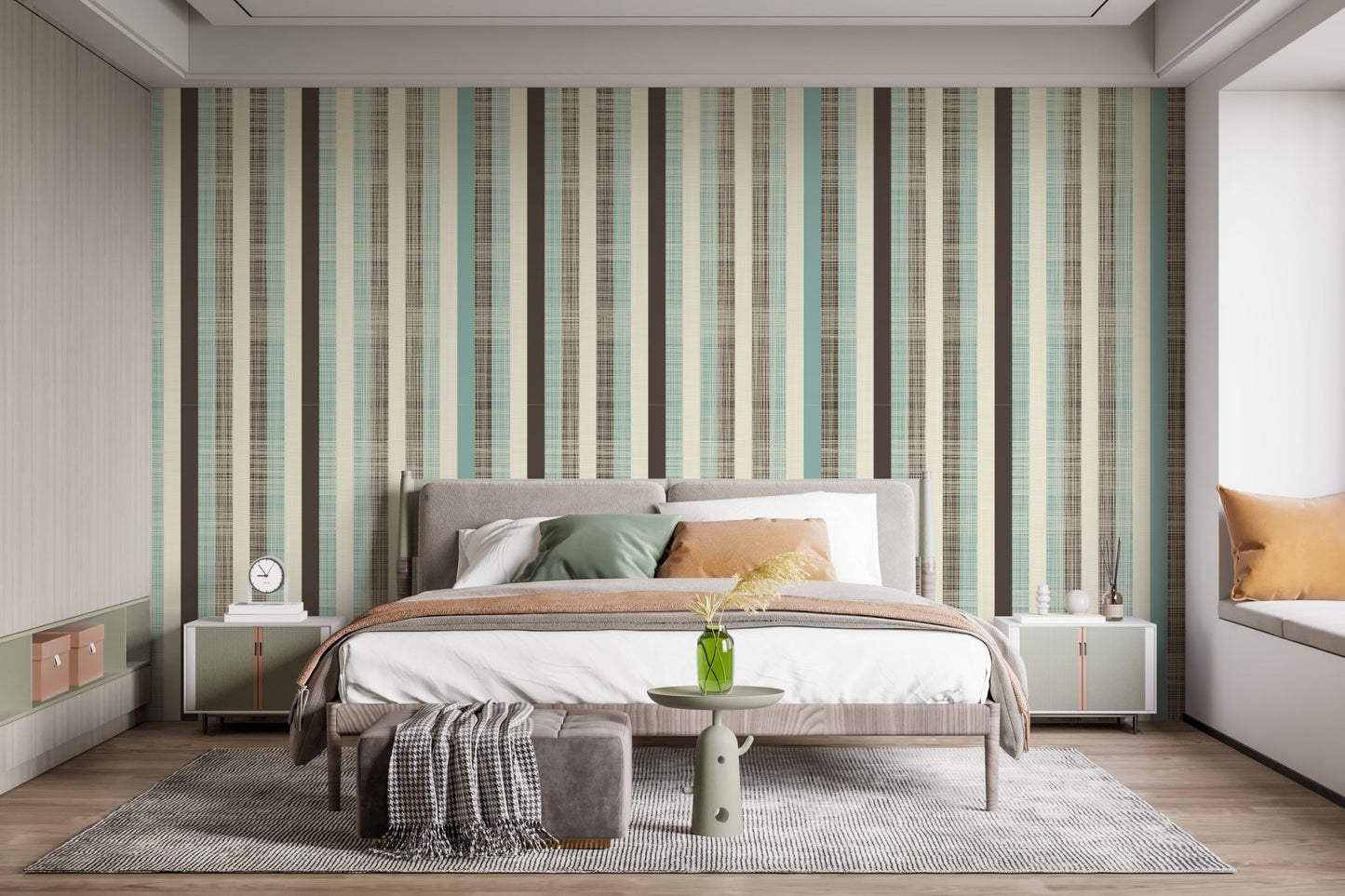 Modern bedroom with striped wall mural and wooden furniture in a neutral palette.