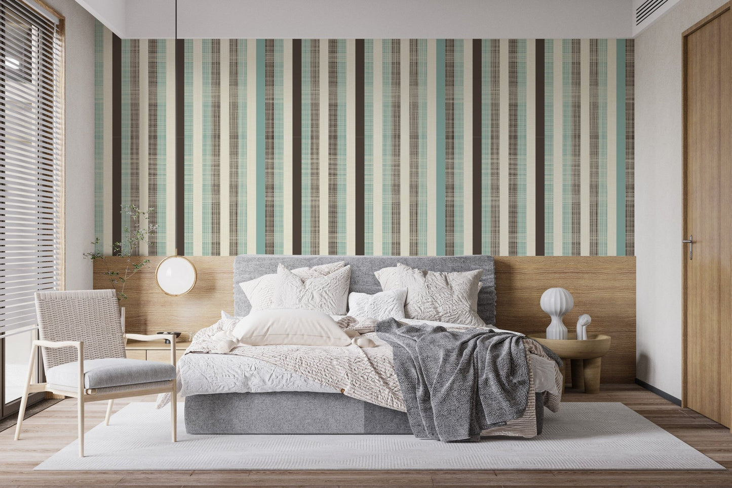 Vintage Pastel Stripes Art Wall Murals used as a backdrop for a light wood bed frame.