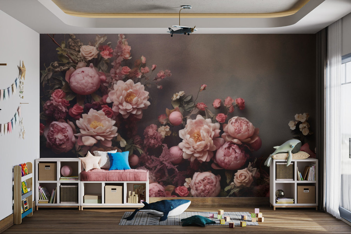 Botanical wall mural with a soft focus garden aesthetic and peach tones.
