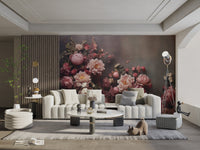 Soft blush peony wallpaper with a moody atmospheric texture.