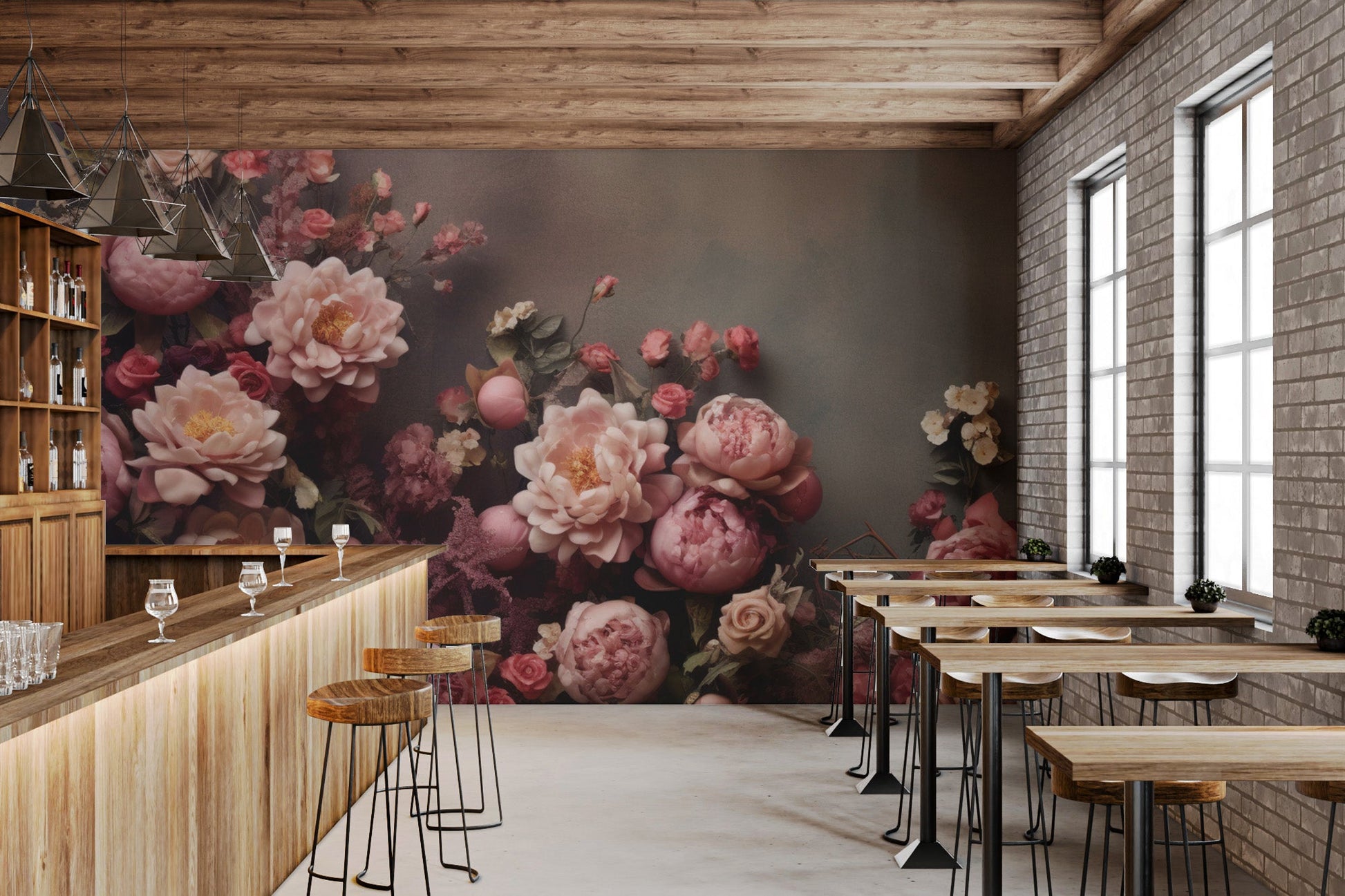 Elegant wall mural showing layered garden flowers in a classical style.