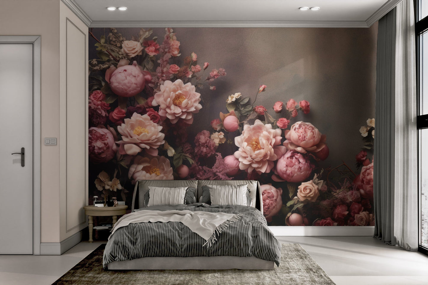 Antique style wallpaper featuring rose and magenta botanical elements.