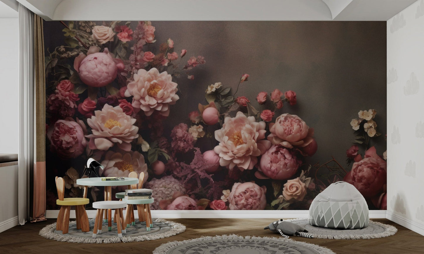 Sophisticated pink flower wallpaper for a luxury interior feature wall.