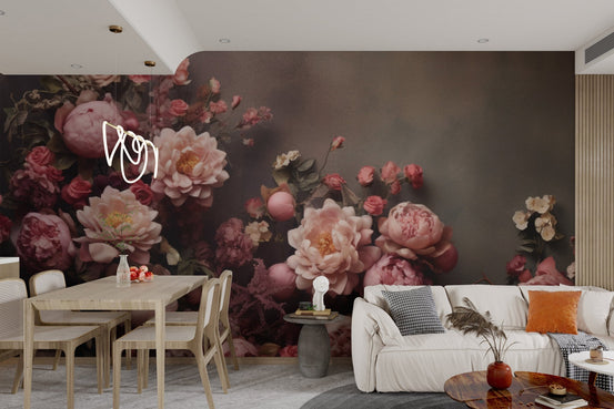 Romantic floral wallpaper with dusty rose peonies and green foliage.