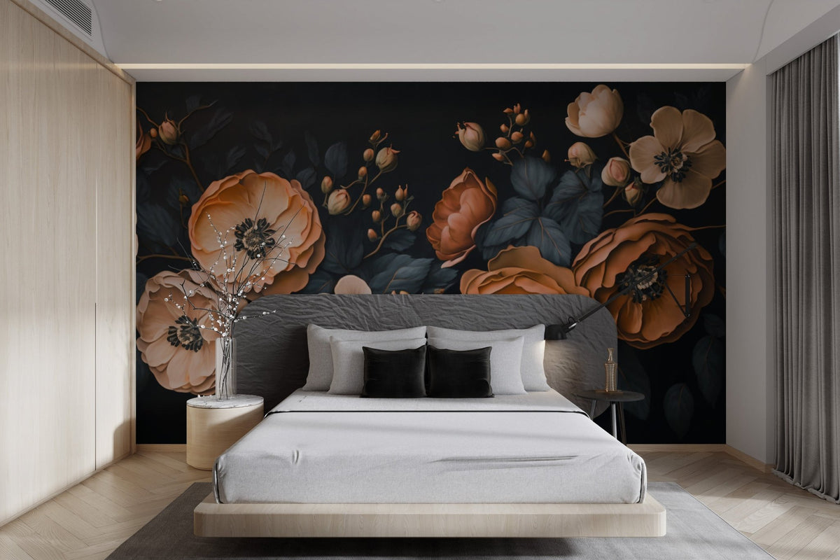 Vintage peony floral wallpaper with peach blossoms on dark background.