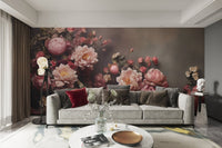Lush pink and peach botanical wall mural featuring varied flower sizes.