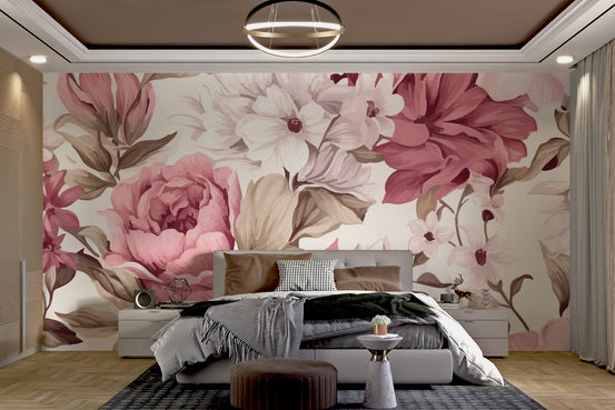 Classic rose patterned wall mural in muted blush and cream tones.