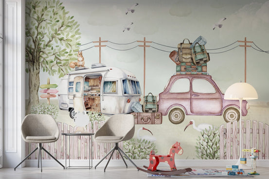 Vintage road trip wallpaper mural with camper van and car illustration.