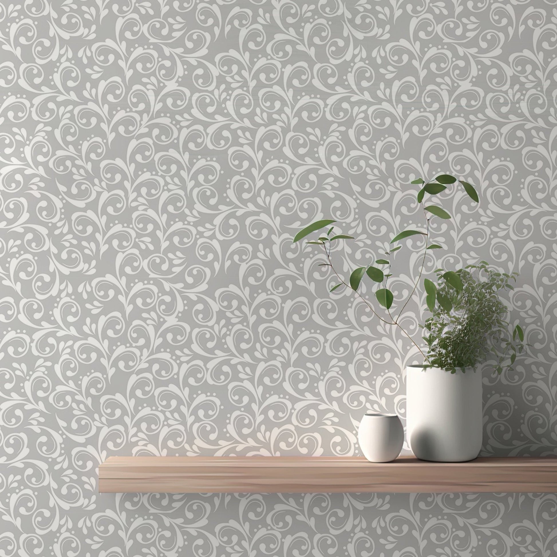 Grey patterned wallpaper with a wooden floating shelf and small plant.