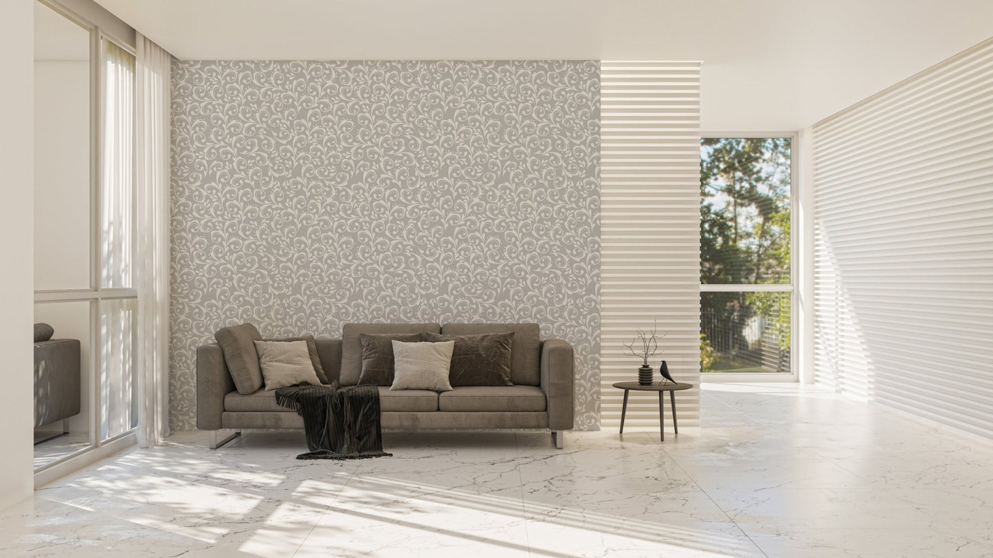 Large living area featuring a grey and white damask wallpaper.