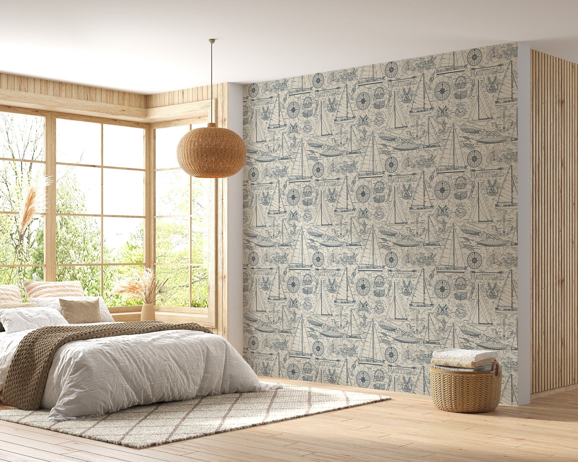 Vintage sailboat wallpaper in a sunlit bedroom with a wooden bed frame.