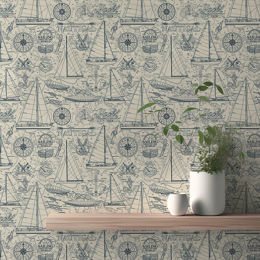 Nautical wallpaper with blue sailboats and compass on a beige textured wall.