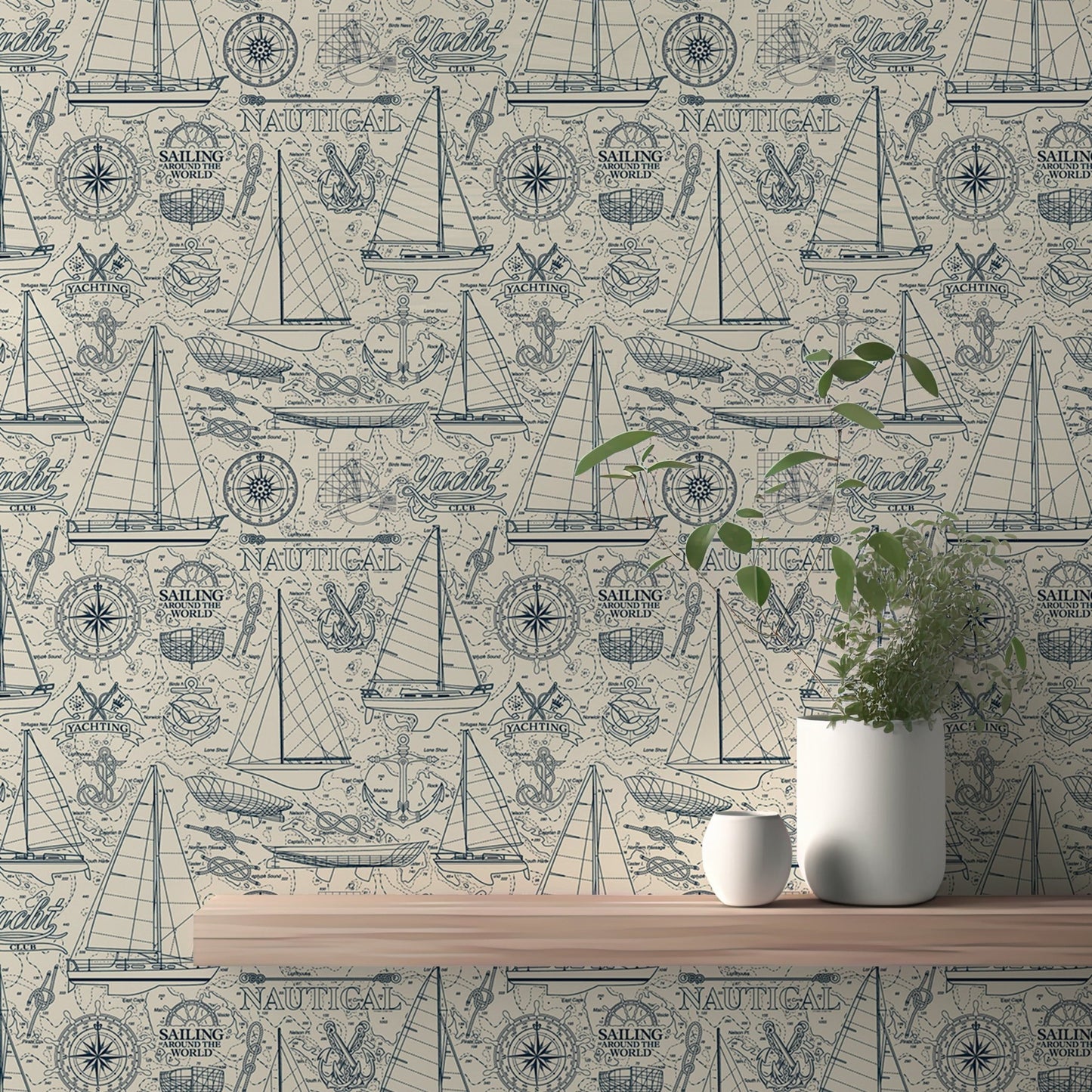 Nautical wallpaper with blue sailboats and compass on a beige textured wall.