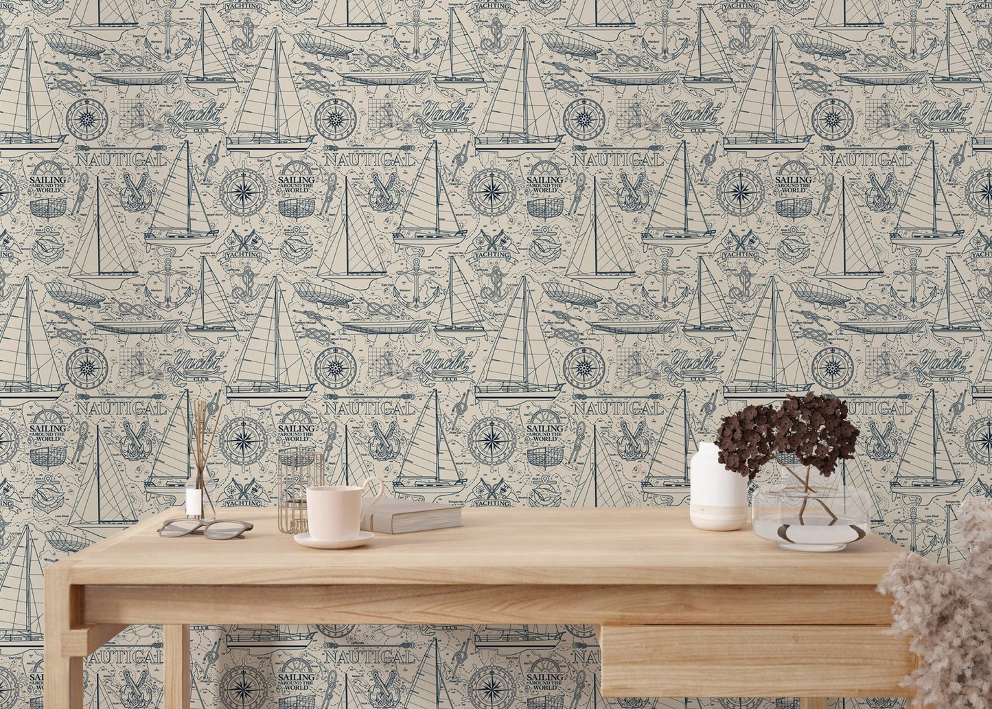 Yachting elements wallpaper behind a minimalist wooden study desk.