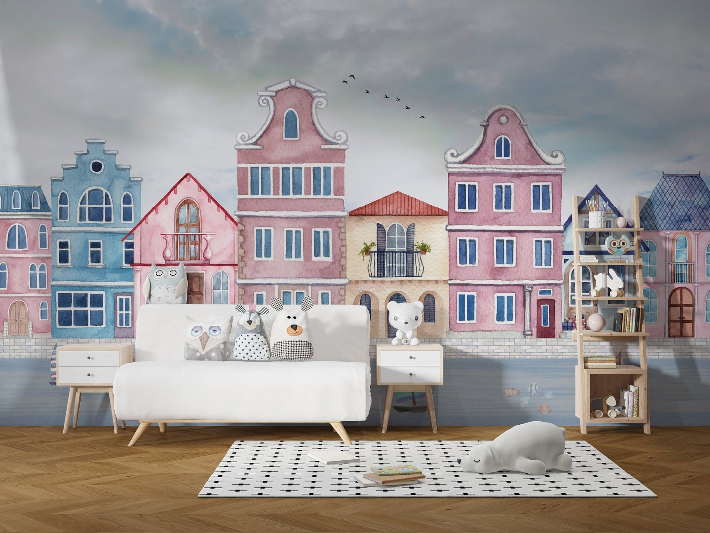 Vintage seaside houses wallpaper mural with harbor skyline art.