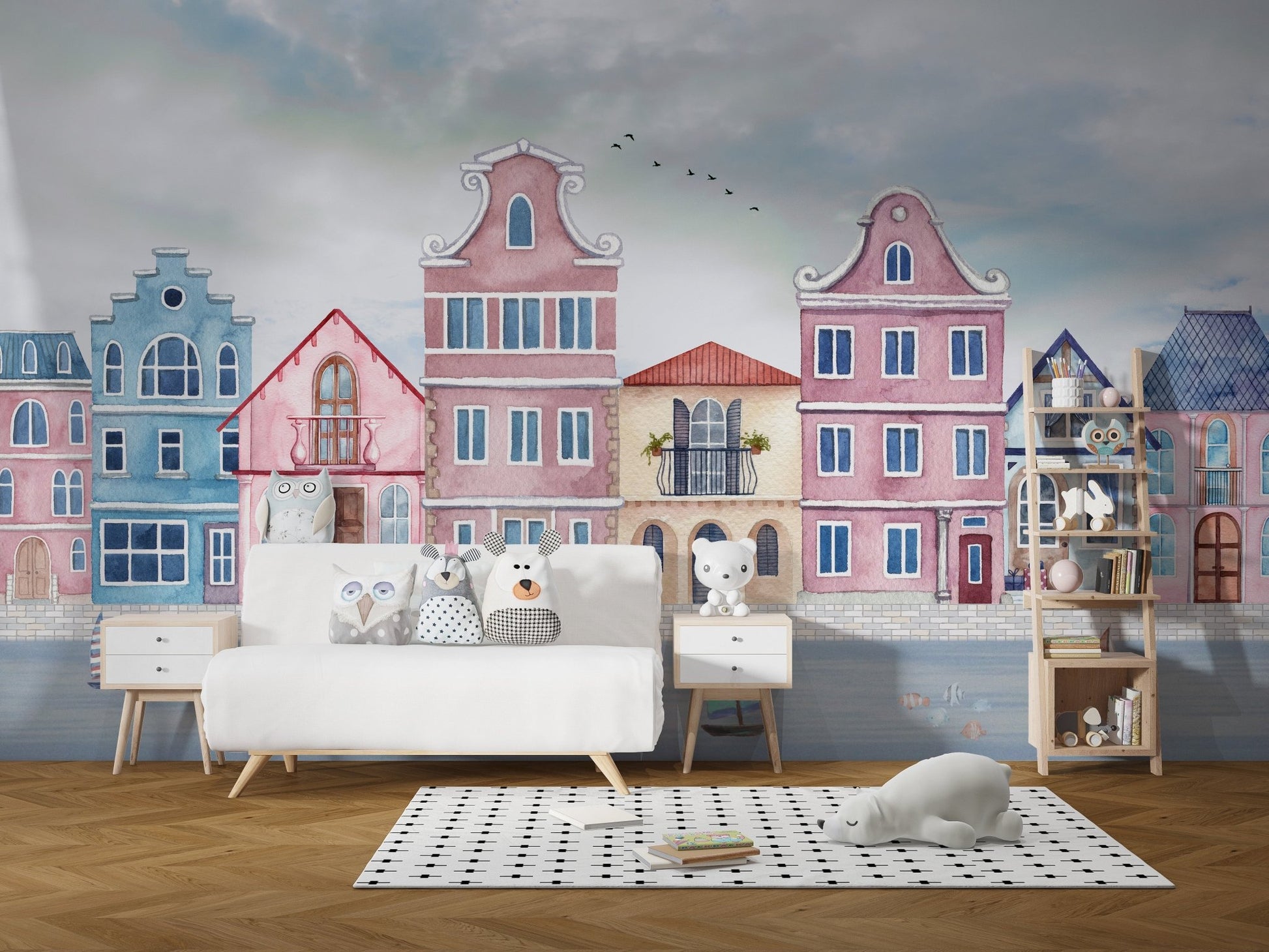 Vintage seaside houses wallpaper mural with harbor skyline art.