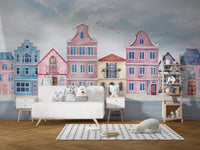 Vintage seaside houses wallpaper mural with harbor skyline art.