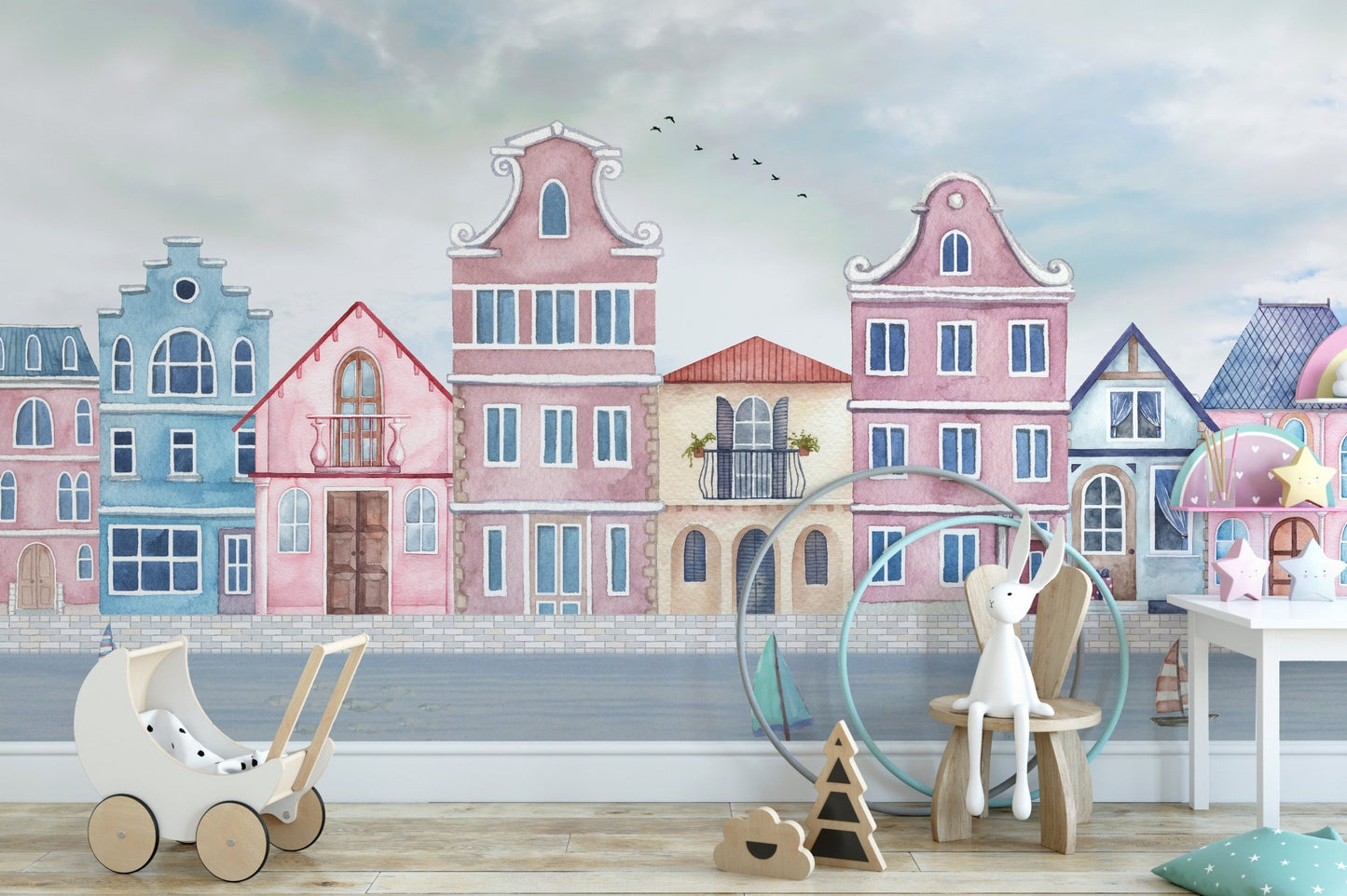 Coastal homes wallpaper mural in gentle watercolor illustration style.