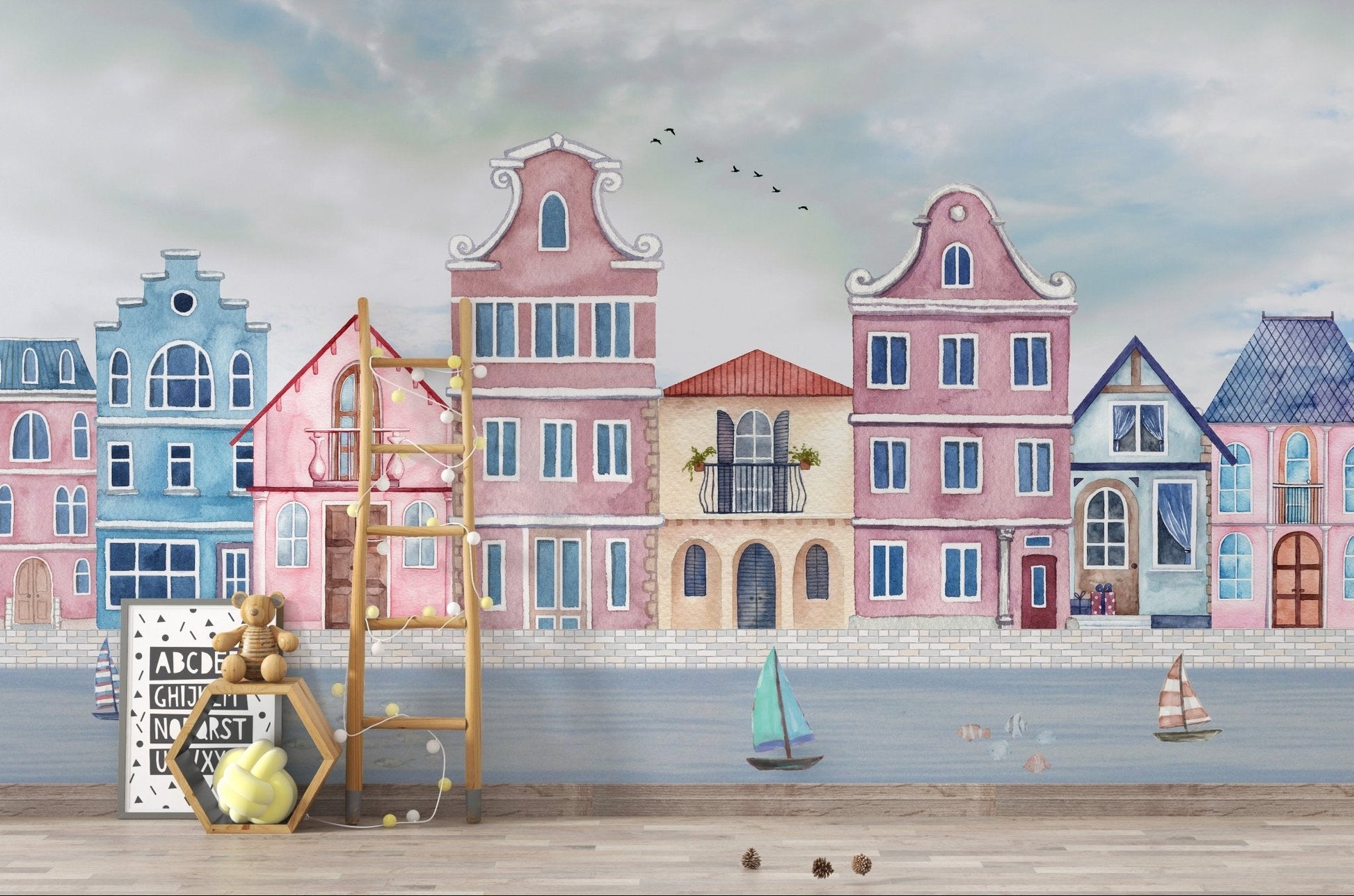 Vintage seaside houses wallpaper mural with pastel waterfront homes.