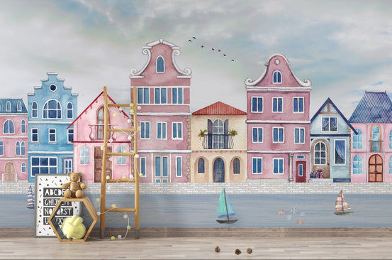 Vintage seaside houses wallpaper mural with pastel waterfront homes.