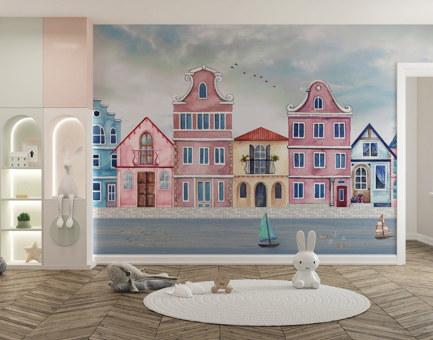 Decorative coastal houses wallpaper mural with classic European style. facades