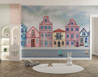 Decorative coastal houses wallpaper mural with classic European style. facades