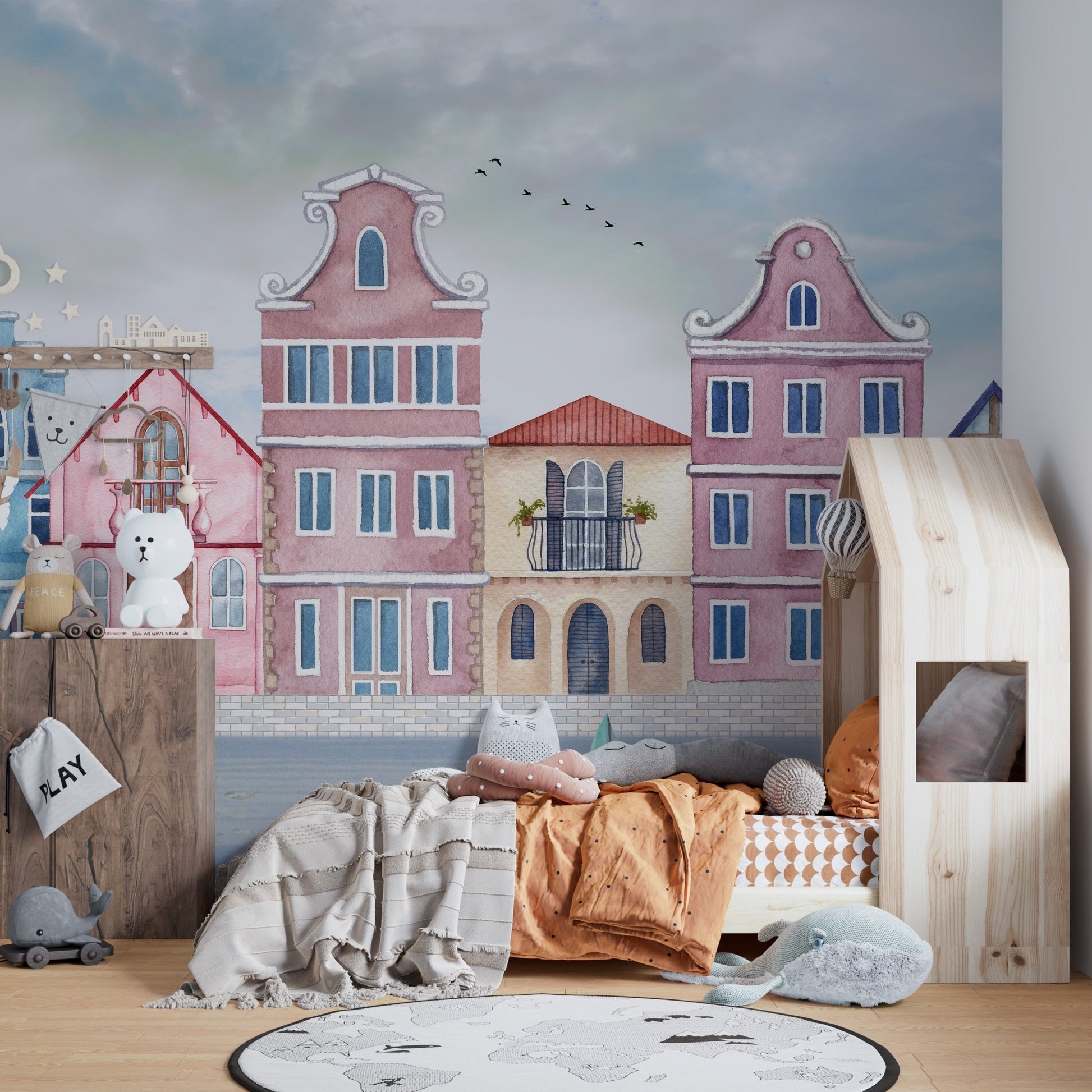 Coastal town wallpaper mural with colorful seaside buildings and boats.