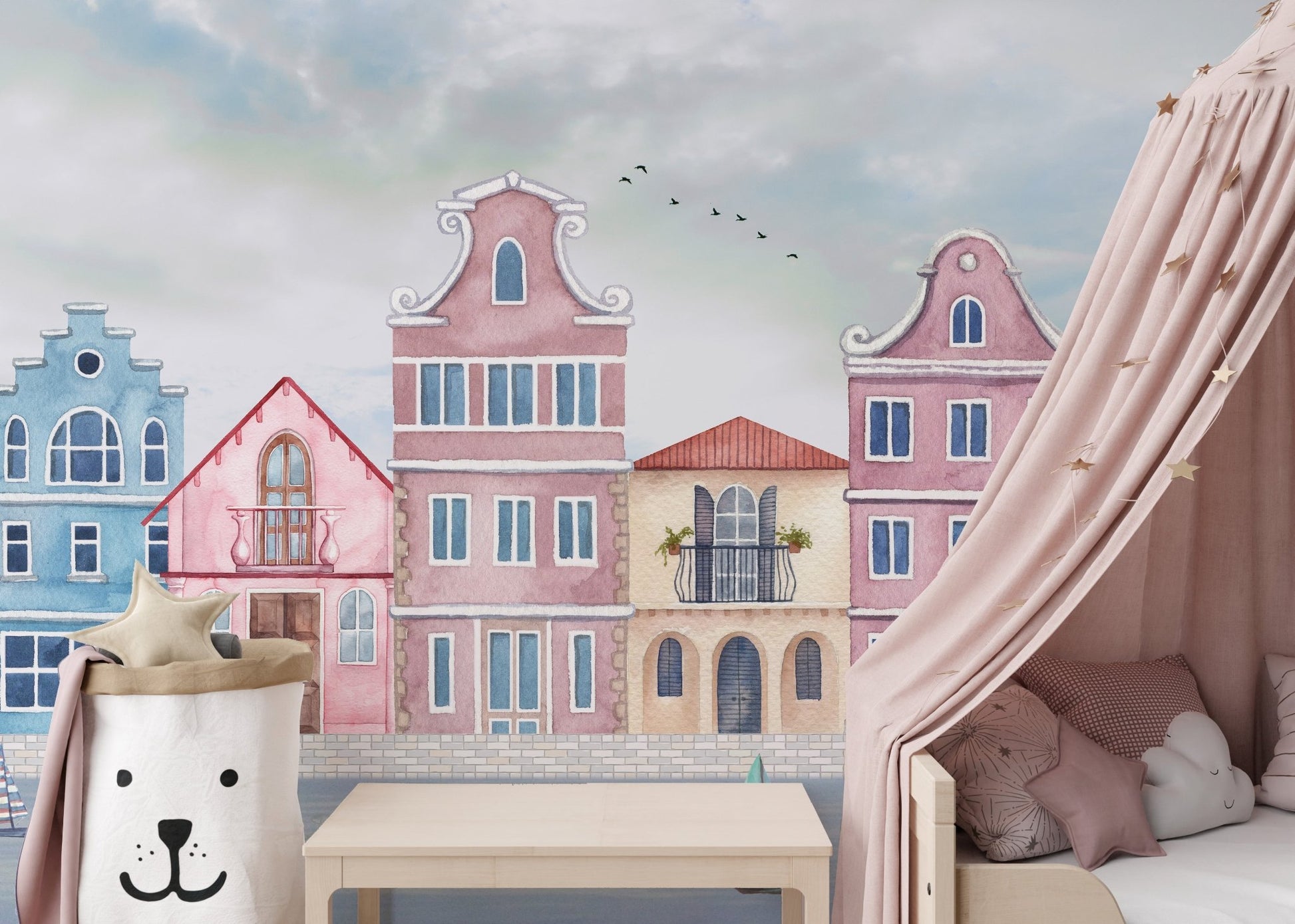 Pastel seaside architecture wallpaper mural with sailing boats.