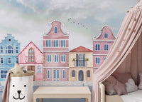 Pastel seaside architecture wallpaper mural with sailing boats.