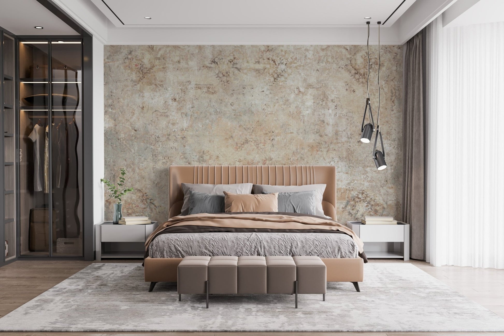 Vintage Sepia Wall Mural in a luxury bedroom featuring dark wood wardrobes.