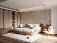 Warm sepia textured wall mural in a large master bedroom with wooden furniture.