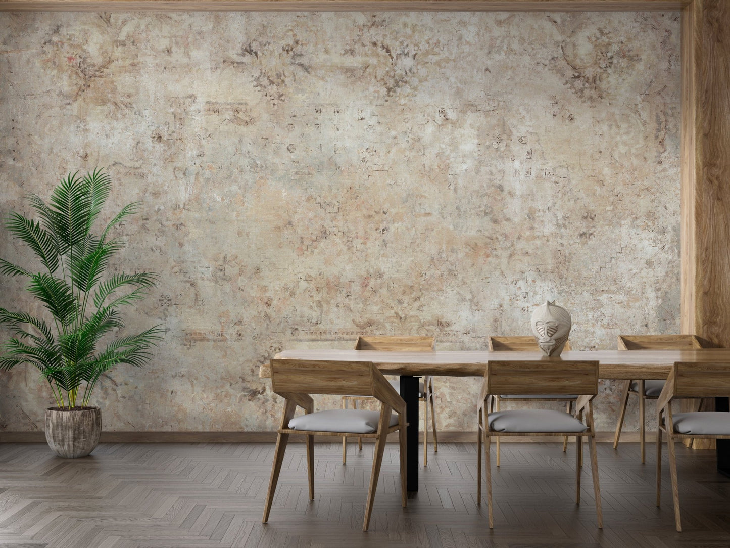 Distressed plaster effect wall mural in a contemporary dining room with wooden chairs.