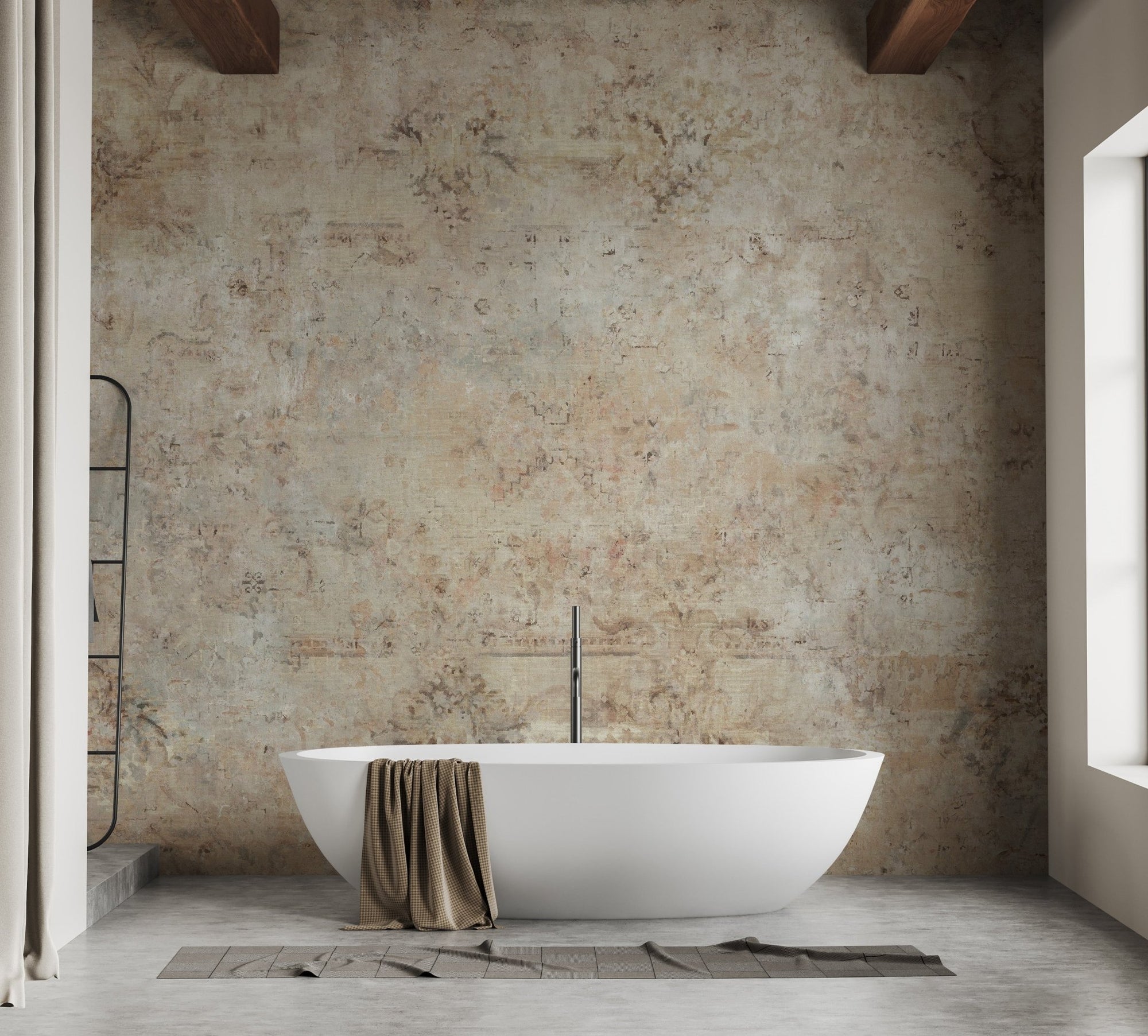 Vintage Sepia Wall Murals in a minimalist bathroom with a white freestanding tub.