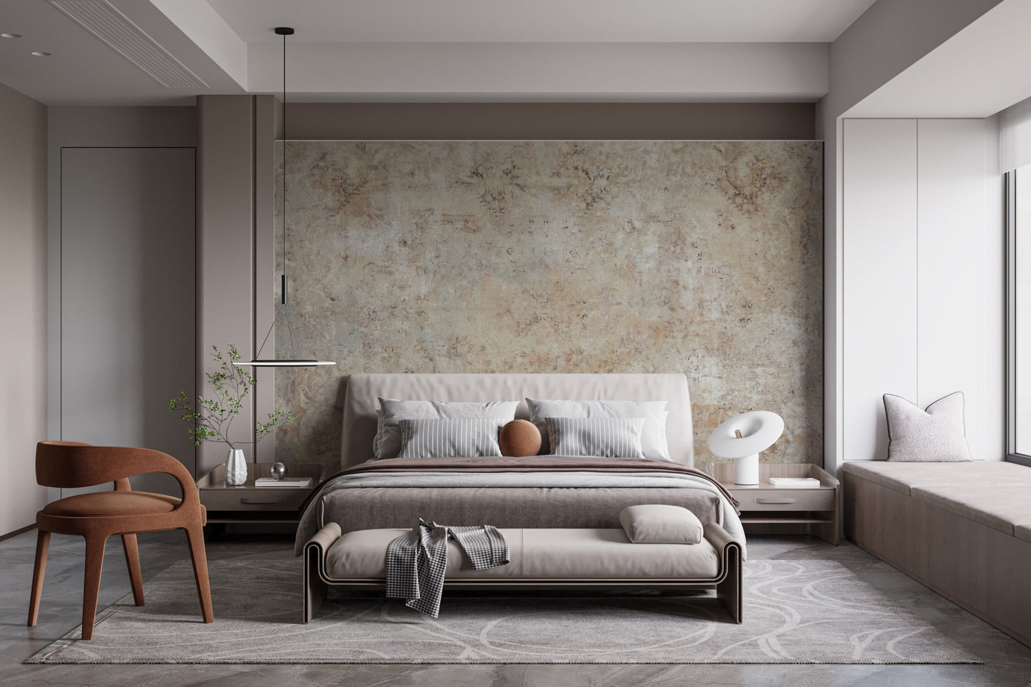 Grey and tan vintage wall mural in a modern bedroom with a grey upholstered bed.
