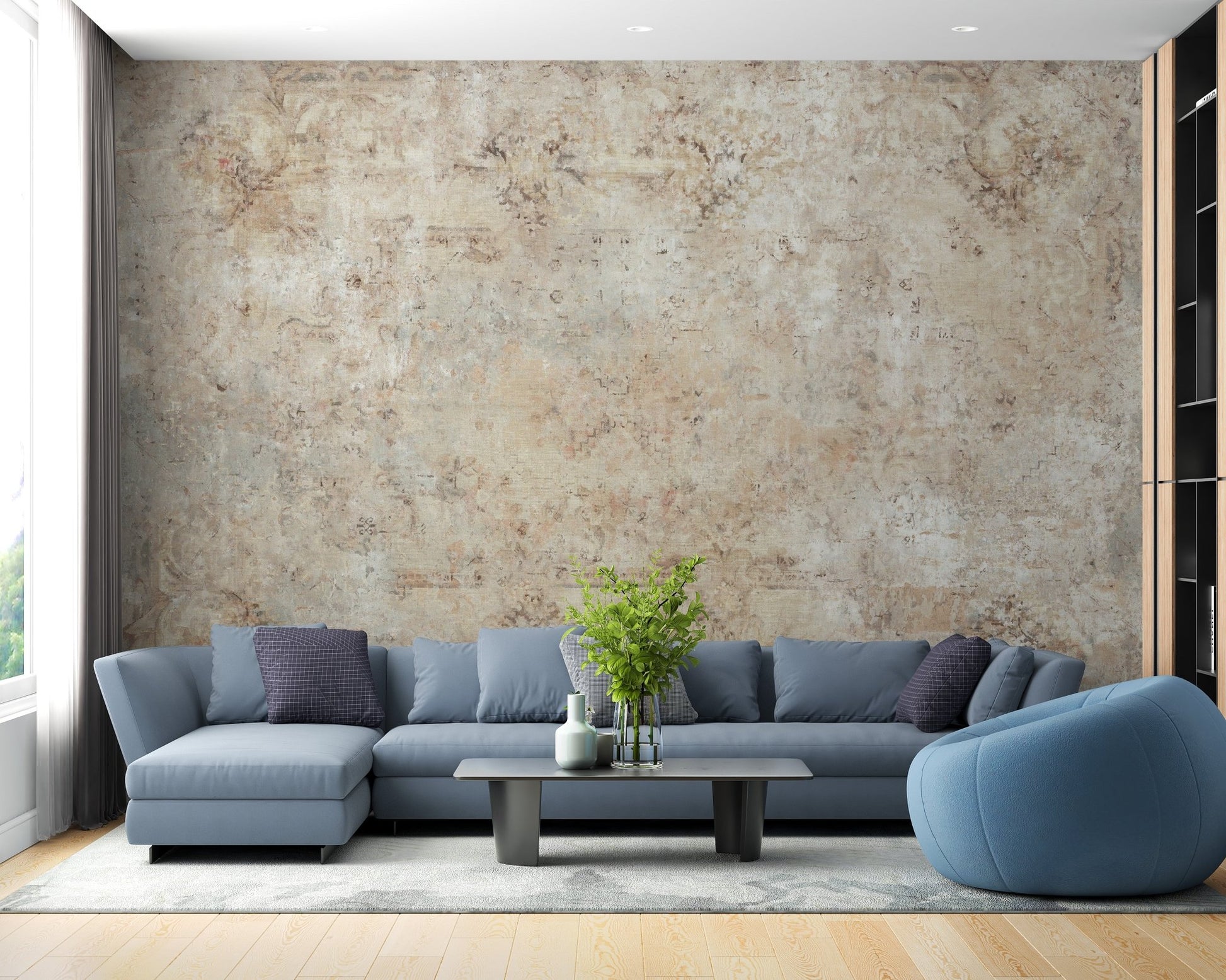 Vintage Sepia Wall Mural used as a feature wall in a living room with a blue sofa.